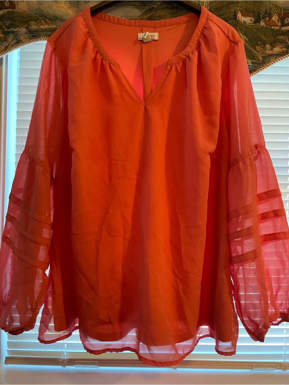 Denim & Company Lightweight Lined Sheer V-Neck Blouse - Coral